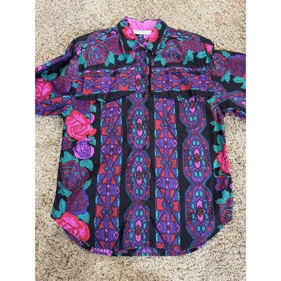 ADOBE ROSE Vtg Purple Floral Button Shirt Western Rodeo Aztec Rockabilly LARGE - Picture 7 of 12